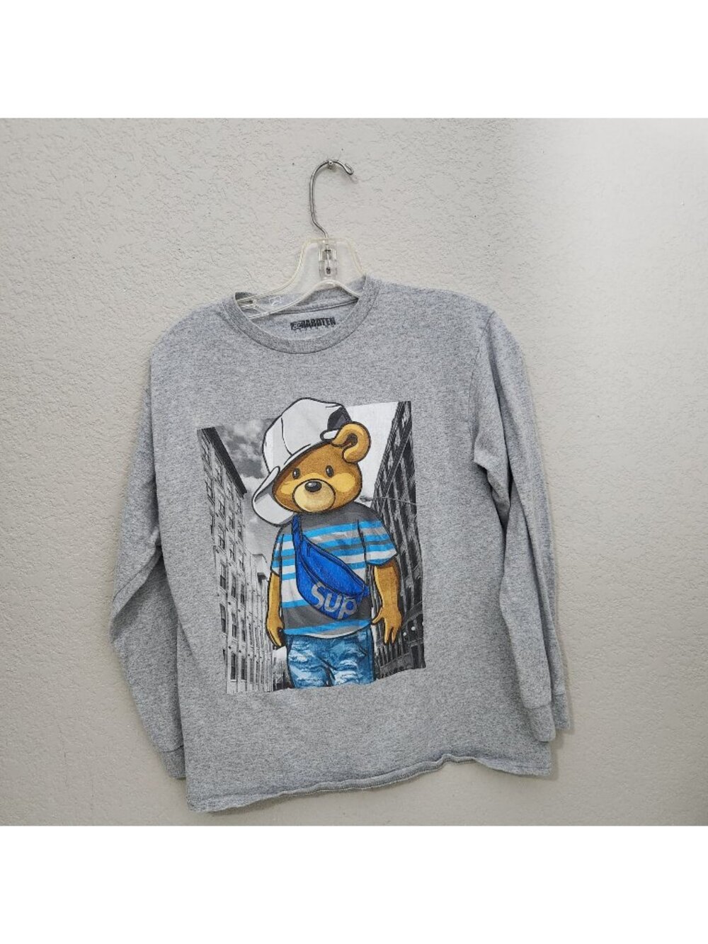 Hardten Clothing Bear Graphic Long Sleeve Shirt Gray Size L Cotton Blend